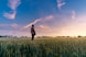 man on grass field looking at sky