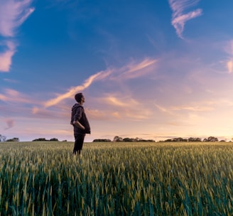 man on grass field looking at sky