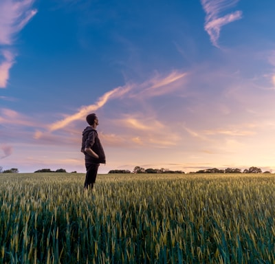 man on grass field looking at sky