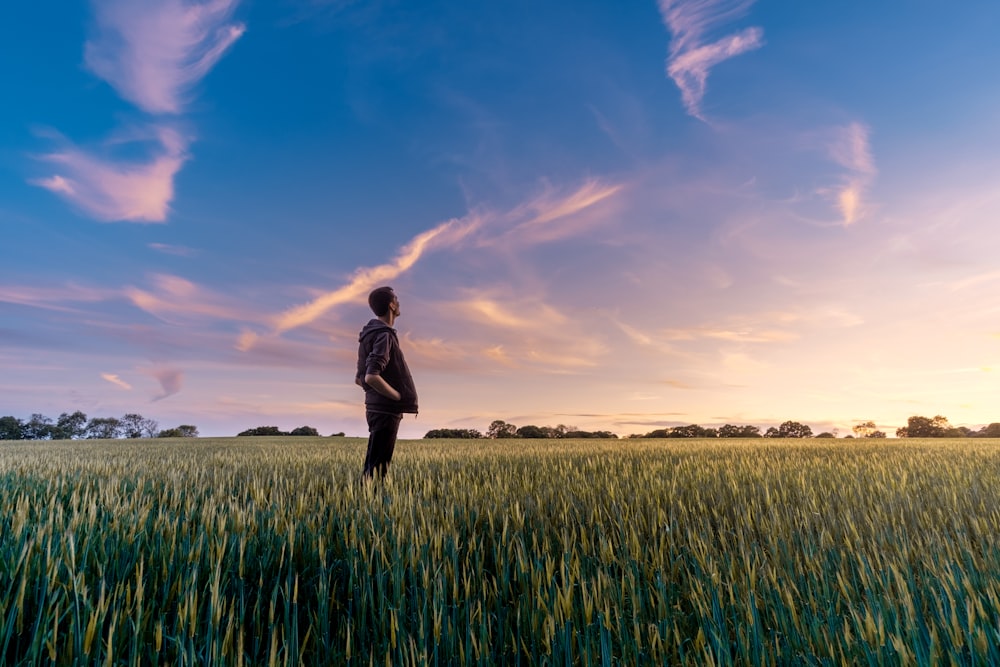 man on grass field looking at sky