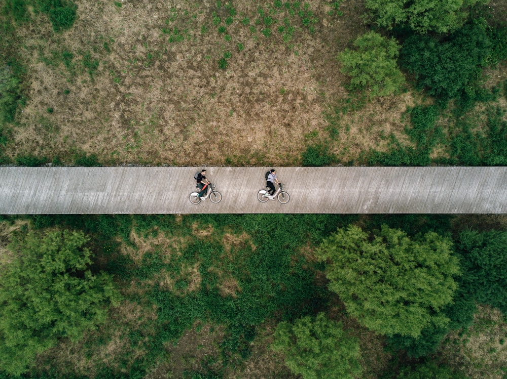 Photographie de vue aérienne de deux personnes sur la route