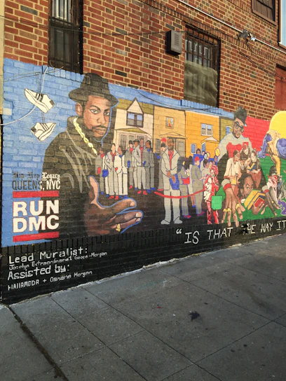 A vibrant mural depicting hip-hop pioneers in a lively urban setting.