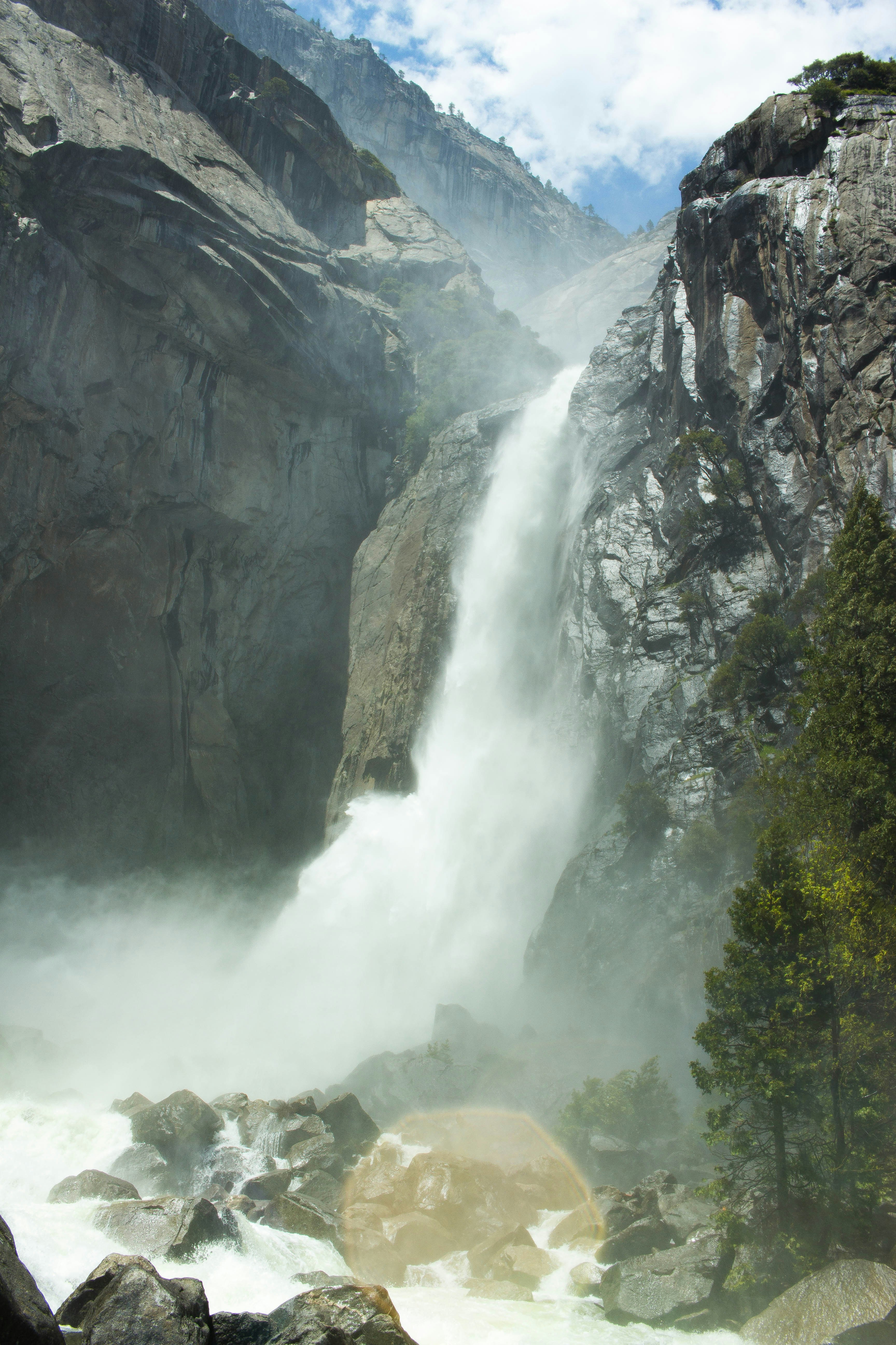 waterfalls in the middle of green trees