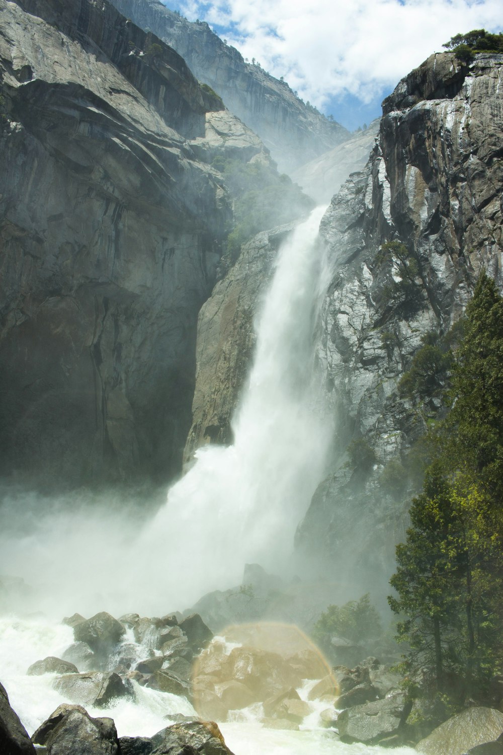 waterfalls in the middle of green trees