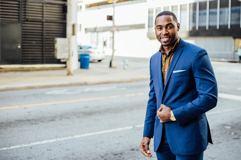 handsome mature single man in a blue formal suit