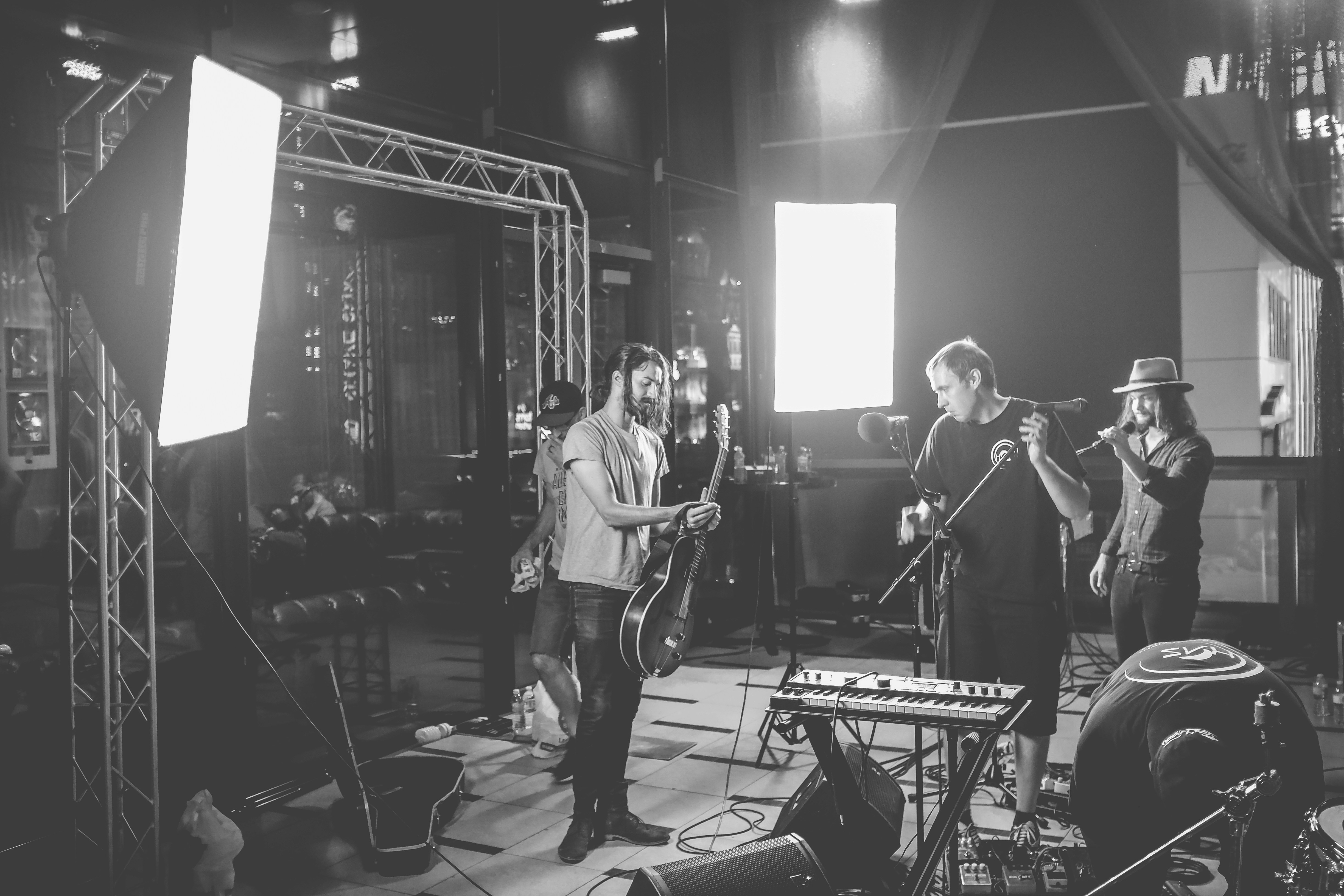 gray-scale photography of band, 