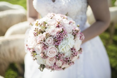 woman holding white and pink petal flower bouquet