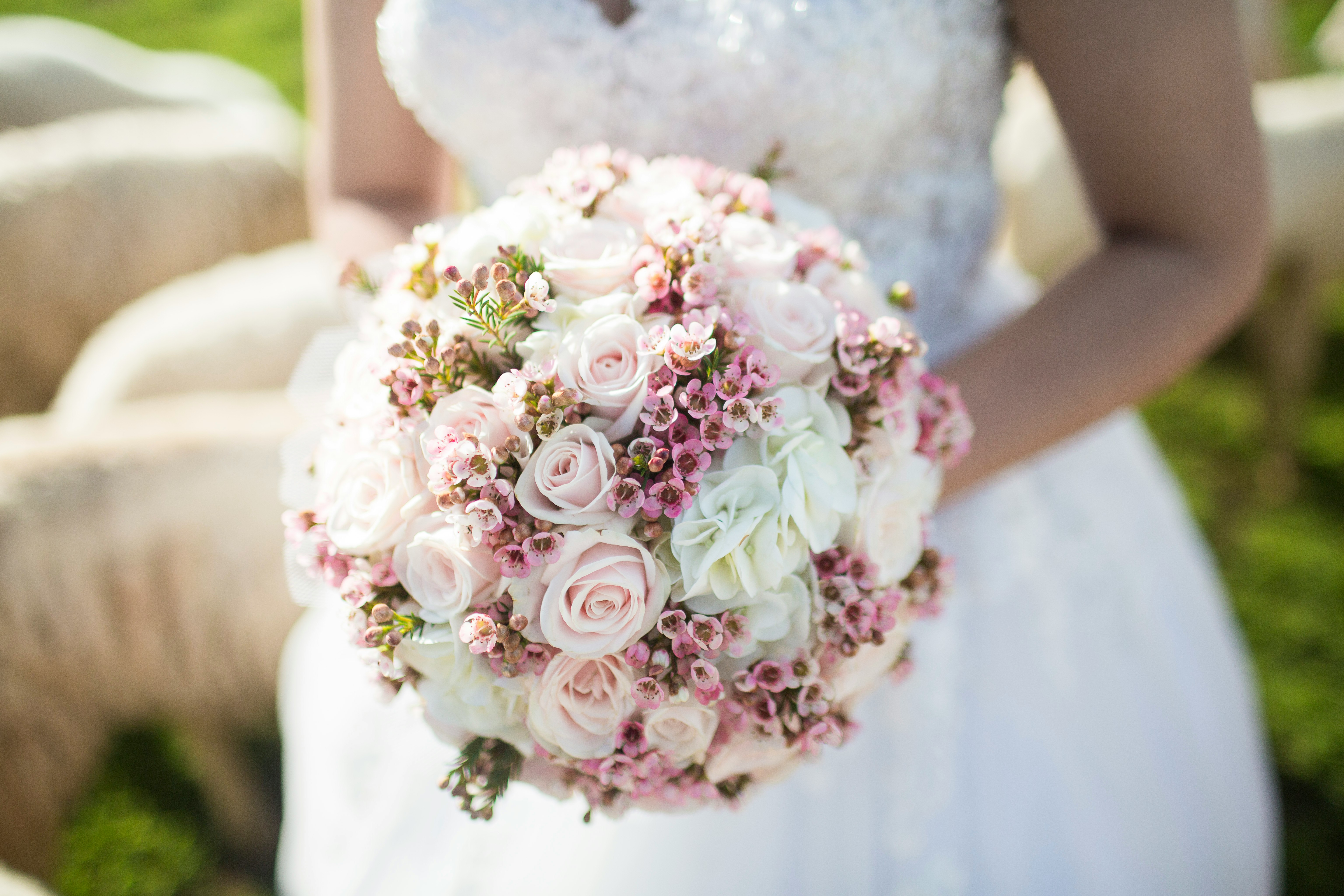 woman holding white and pink petal flower bouquet