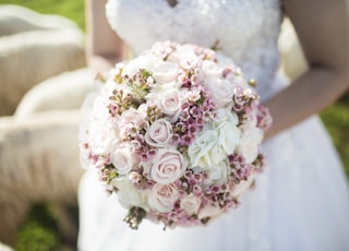 woman holding white and pink petal flower bouquet