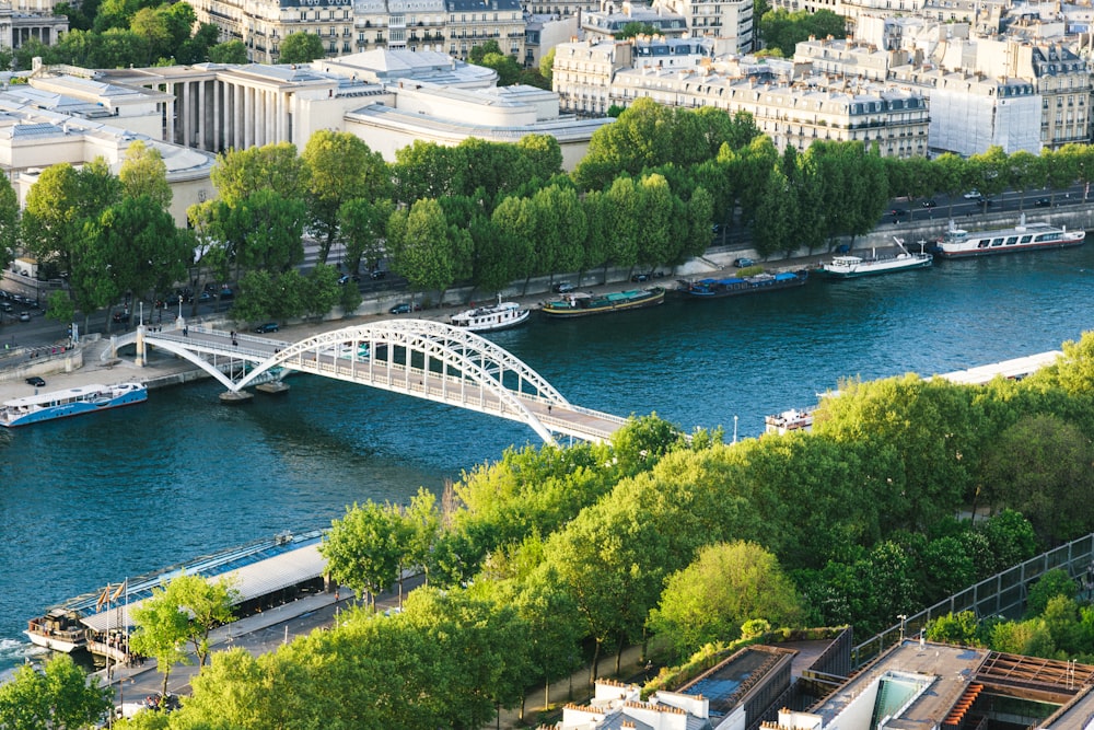 an aerial view of a bridge over a river