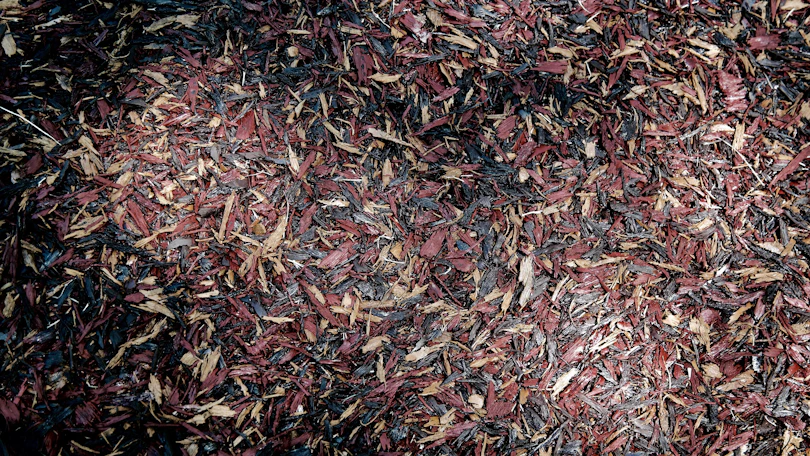 A textured surface covered with a layer of bark mulch consisting of shredded wood. The colors are primarily a mix of reddish-brown, tan, and dark brown hues, with varied shapes and sizes of wood chips.