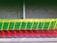 A row of colorful shopping carts is neatly lined up against a concrete wall, featuring a vibrant combination of green baskets with yellow handles and red frames. The carts are on a sidewalk, and the setting seems to be an outdoor area near a store or warehouse.