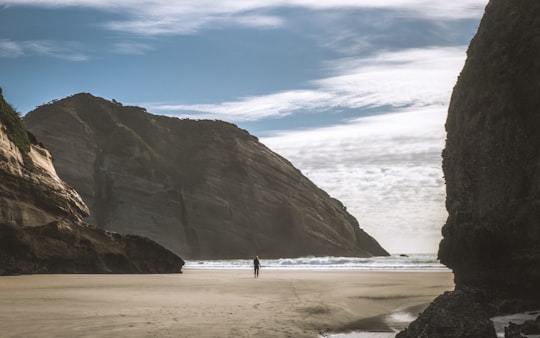 person standing on seashore between mountains in Wharariki Beach New Zealand