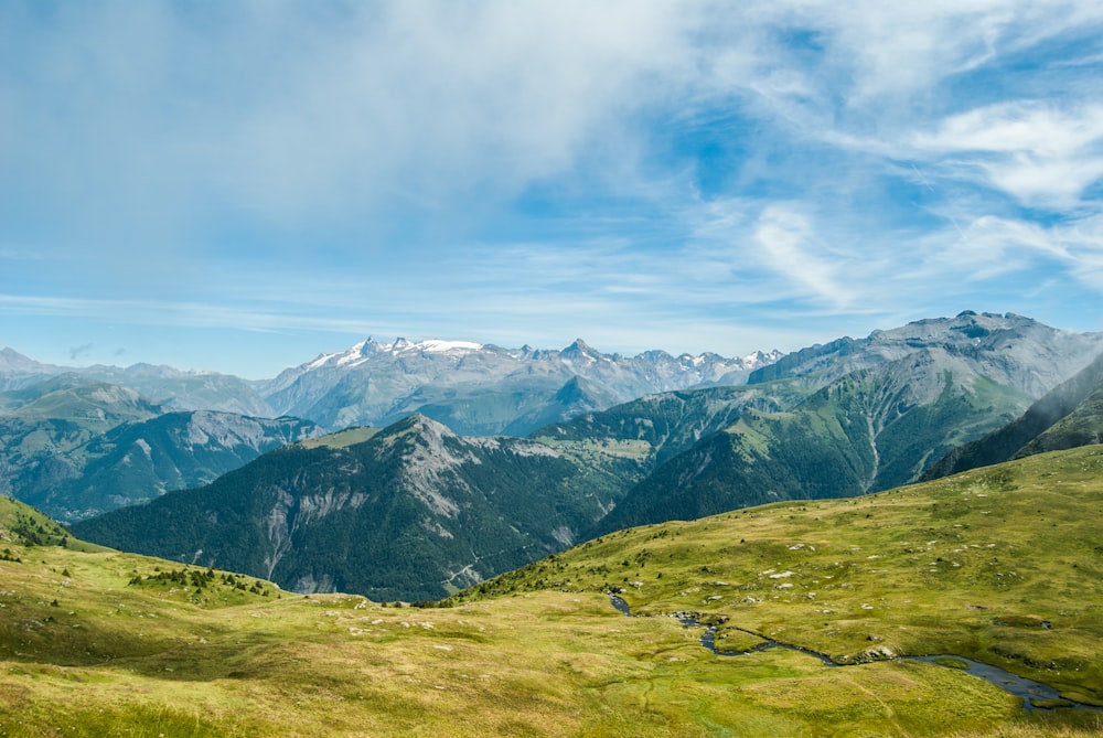 green grass field in the mountain