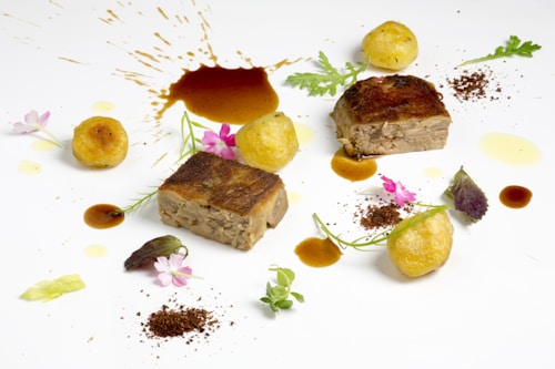 An elegant food presentation featuring two pieces of cooked meat, accompanied by small, round potato croquettes. Herb garnishes and edible flowers are artfully scattered around the plate, with drops and splatters of rich brown sauce adding a creative touch.