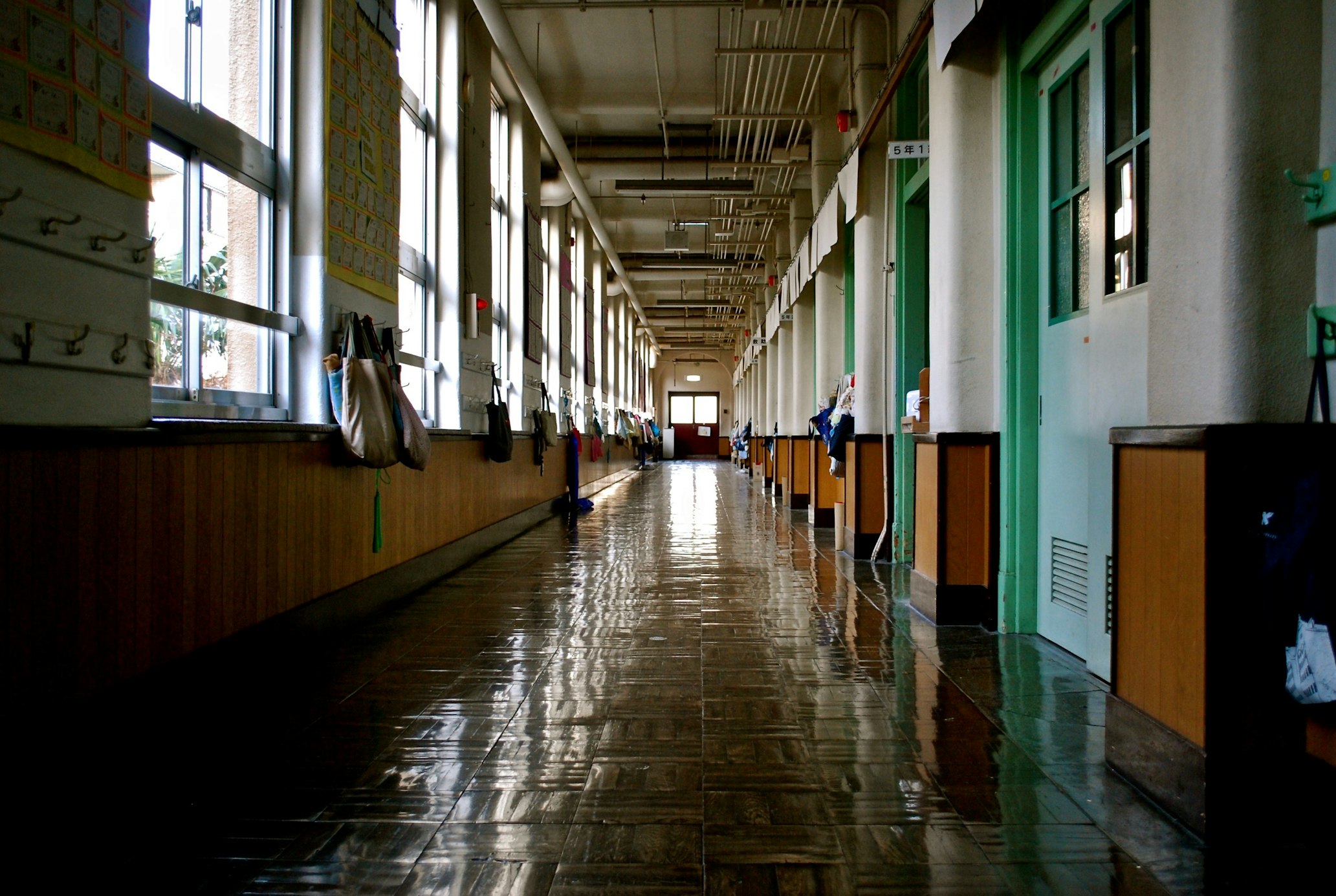 Empty school hallway.