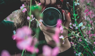 selective focus of woman behind pink flowers holding red Samsung bridge camera about to take photo of flower