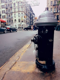 A black fire hydrant is located on a city sidewalk with wet pavement surrounding it, indicating recent rain. The background reveals a busy city street with cars, pedestrians, and old-style buildings featuring fire escapes. Traffic lights are visible, and the scene suggests an urban environment.