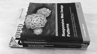 A stack of three web design books on a light surface. The top book features a cover with an image of white flowers and the title 'Responsive Web Design Patterns'. The second book is titled 'Mastering Bootstrap 4' and the third is 'Mastering Responsive Web Design with HTML5 and CSS3'.