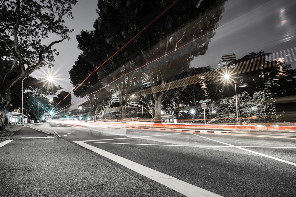 light photography of street at night