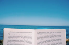 A book held open against the backdrop of a clear blue sky and expansive ocean. The text on the pages is in Dutch and a transparent bookmark sticks out from the book.