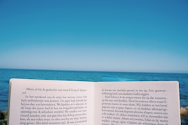 A book held open against the backdrop of a clear blue sky and expansive ocean. The text on the pages is in Dutch and a transparent bookmark sticks out from the book.