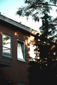 A partial view of a residential building with a peach-colored facade and large windows reflecting the surrounding trees. The shadow of trees creates an intricate pattern on the wall, and a balcony with a metal railing is visible. Lush green tree branches extend into the frame, adding depth and texture.