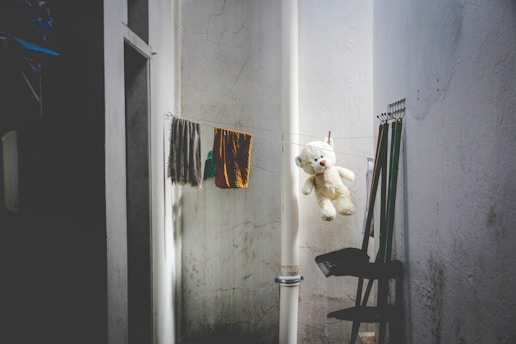 peluche ours blanc accrochée sur corde à linge près d'un mur blanc