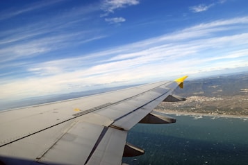 An airplane wing is visible from a window seat, flying over a coastline with a clear blue sky above. The ocean stretches below with gentle waves meeting the shore, and a sprawling city rests in the distance, surrounded by mountainous terrain.