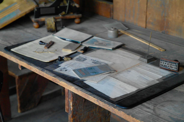 A vintage desk cluttered with sketches and notes, symbolizing forgotten ideas waiting to be rediscovered.