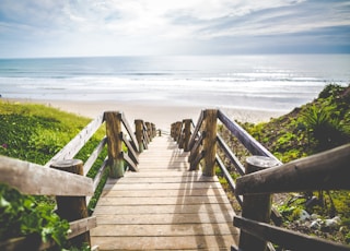 brown wooden walkway near beach during daytime