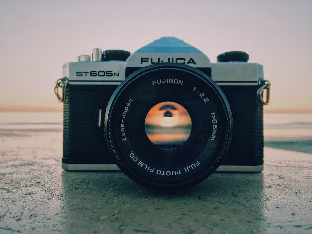 back and white Fujica DLSR camera