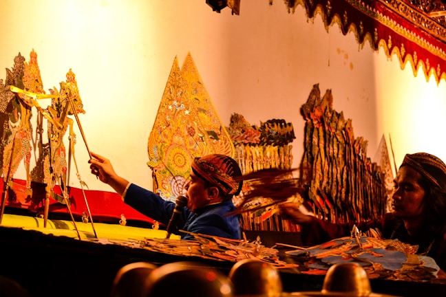Wayang Wali puppets displayed during a traditional Balinese ceremony
