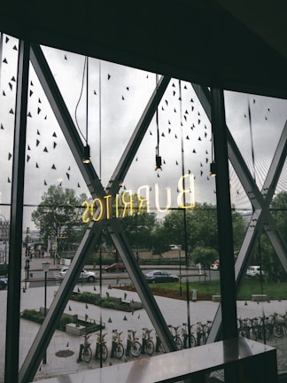 A view through a large window with decorative triangular patterns, revealing an outdoor scene with trees, cars, and bicycles. The word 'BURRITOS' is illuminated in neon, reflecting onto the glass. The setting appears urban, with a street and a bike rack visible.