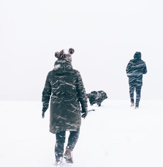 photo of two person wearing black jacket walking on snowy weather