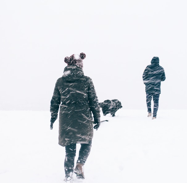 photo of two person wearing black jacket walking on snowy weather