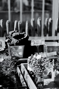 A monochrome image of a market stall display featuring small floral bouquets labeled as 'Spring Posies' with a price tag of £2.00. The flowers are arranged in a transparent glass bottle. Behind the display, there are additional containers, possibly with more plants or flowers, and a series of vertical wooden structures in the background.
