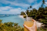 A hand holding a mason jar with a refreshing drink garnished with a lime wedge and straw. The background features a scenic tropical beach with turquoise water, white sand, and lush green palm trees under a bright blue sky with scattered clouds.