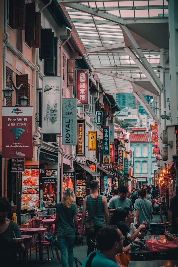 Bustling Singapore Chinatown street market with shophouses and food stalls