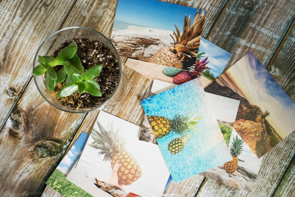 top view of photos with pineapple on brown wooden surface