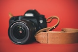 Close-up of a sleek DSLR camera with a vintage leather strap.