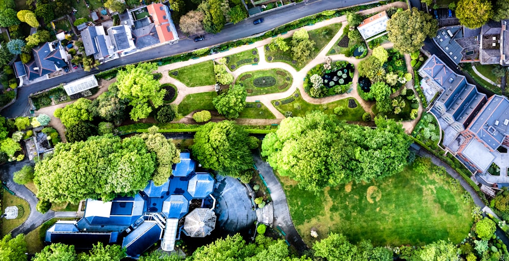 Photographie aérienne de bâtiments à proximité d’arbres