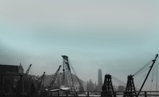 A skyline view of a developing city with construction cranes.