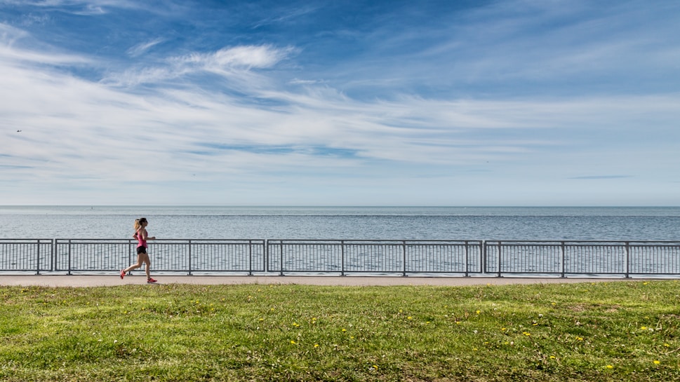 A woman jogs along a path beside a large body of water, with a metal railing separating the path from the water. The sky above is blue with scattered white clouds, and the foreground features a grassy area.