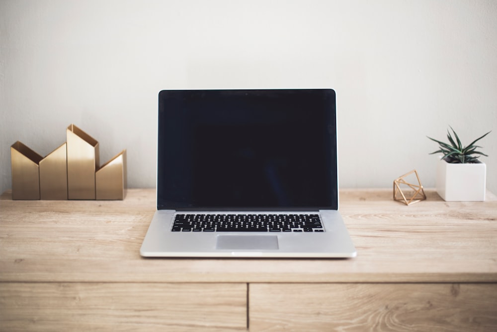 A minimal workspace with a laptop, a potted plant and small sculptures