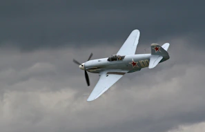 The L39 Albatros performing a sharp banking turn with a backdrop of dark clouds.