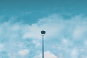 A lone security camera mounted on a tall pole with a clear blue sky and scattered clouds in the background. A bird is seen flying near the top.