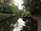 Two narrowboats are moored along the side of a calm canal, surrounded by lush, dense greenery. The boats are reflected in the still water, creating a picturesque and serene scene. A pathway lines the canal, suggesting a peaceful walkway.