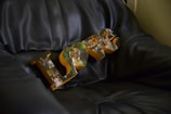 Wooden letters spelling 'LOVE' resting on a dark leather couch, with each letter featuring collage-style photographs of wedding scenes, including a bride and groom.