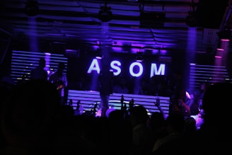 A dimly lit nightclub scene features a DJ booth illuminated by neon purple lights. The letters 'ASOM' are prominently displayed in bright white against a backdrop of horizontal light stripes. Silhouettes of people are visible, suggesting a lively party atmosphere.